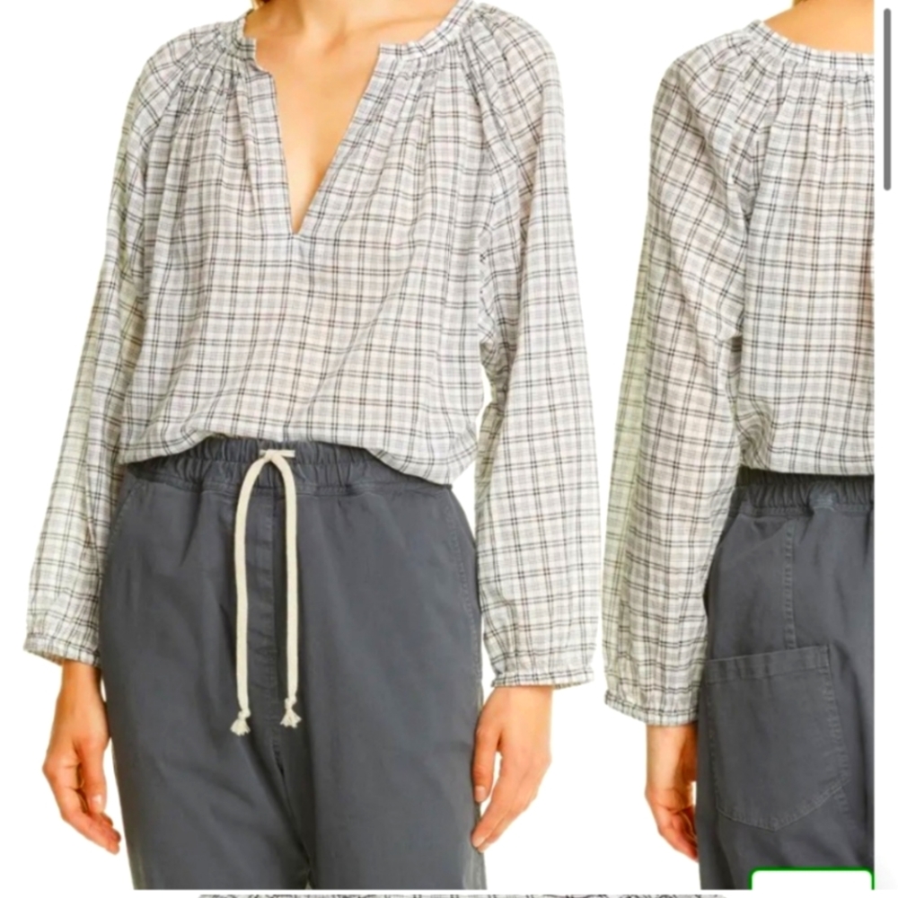 Nili Lotan Plaid Peasant Blouse in White and Gray